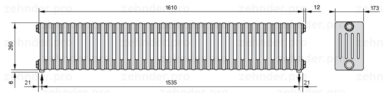 Схема (чертеж) Радиатор Zehnder Charleston 5026/35 №3570 Белый глянцевый RAL 9016